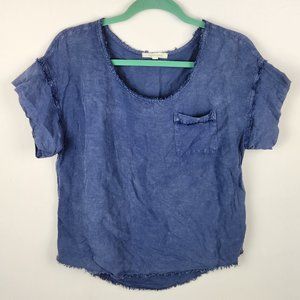 Anthropologie Pure + Good Blue Linen Blend Raw Hem Pocket Top sz XS